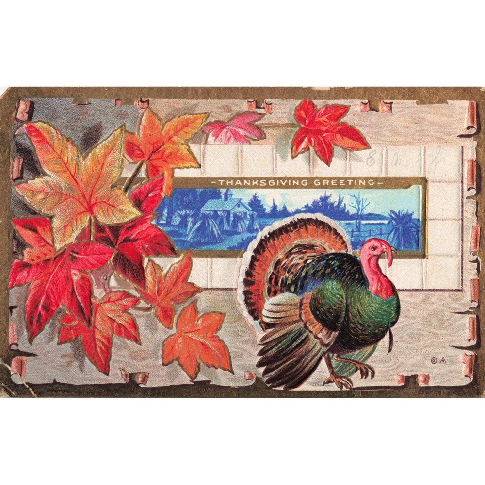 Vintage 1910 E Nash Thanksgiving Postcard Embossed Turkey Maple Leaves Germany - Picture 1 of 2